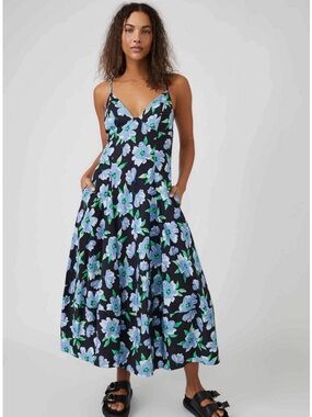 Free People Black Maxi Dress with Blue and Green Floral Print